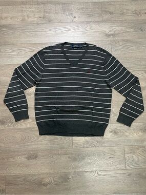 Polo Ralph‎ Lauren Striped V-Neck Pima Cotton Sweater Gray White Men’s XL
